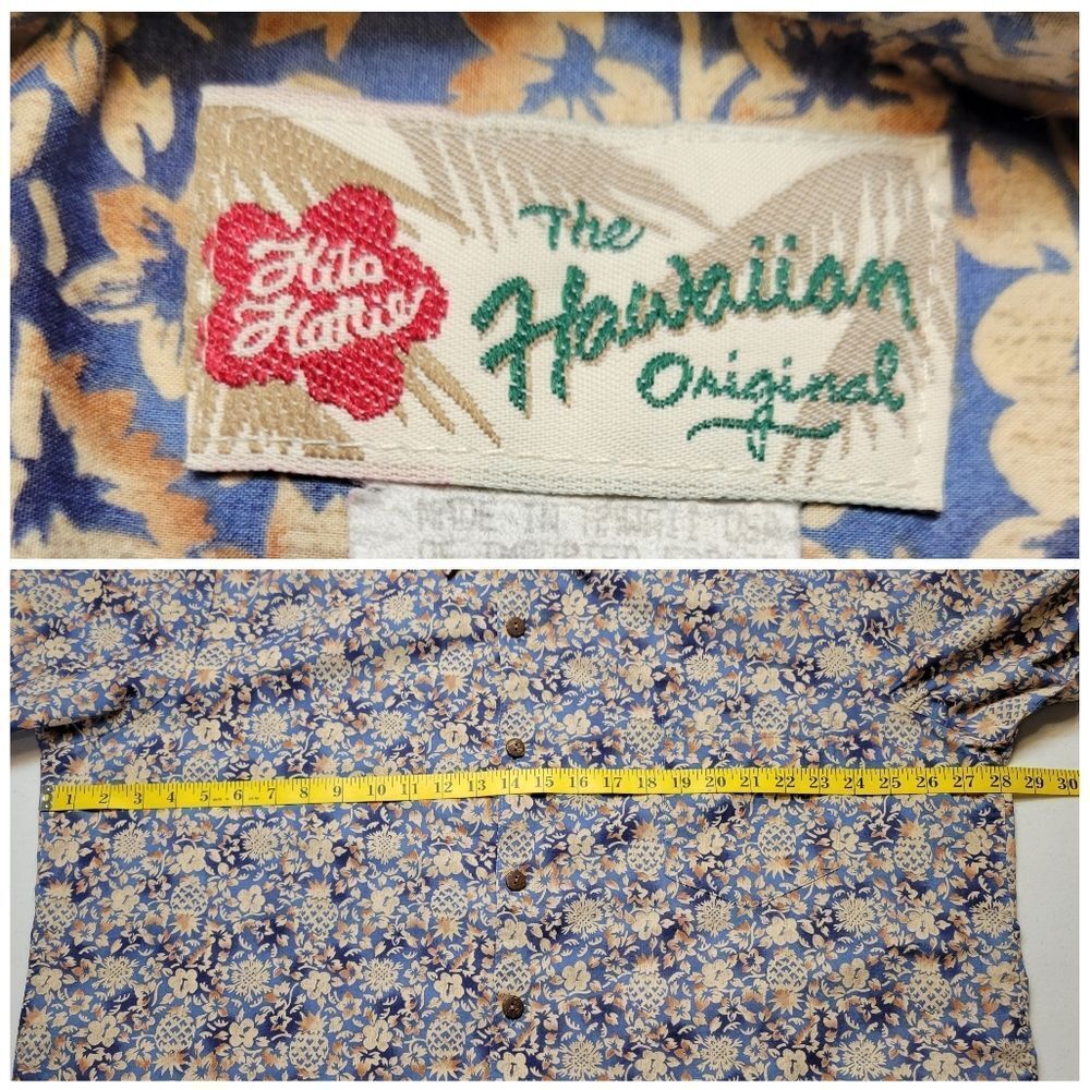 Hilo Hattie Vintage Floral Blue Cream and Brown Men's Hawaiian Button Up Shirt - Picture 10 of 11